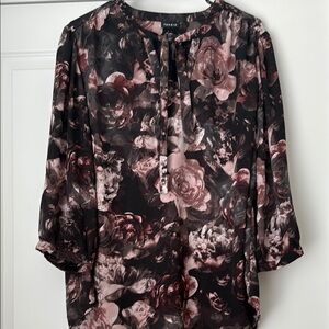 Torrid Black and Pink Graphic Blouse with Mandarin Collar